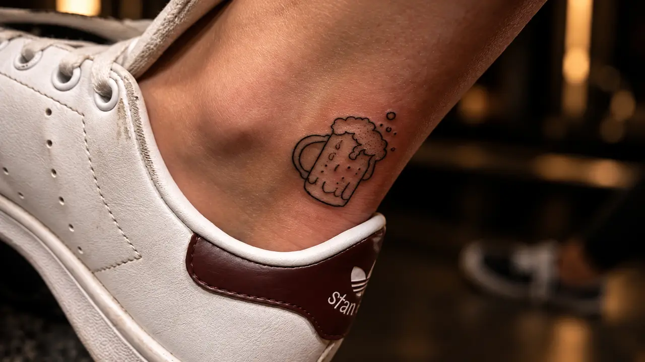 Pequena tatuagem fine line de caneca de cerveja no tornozelo