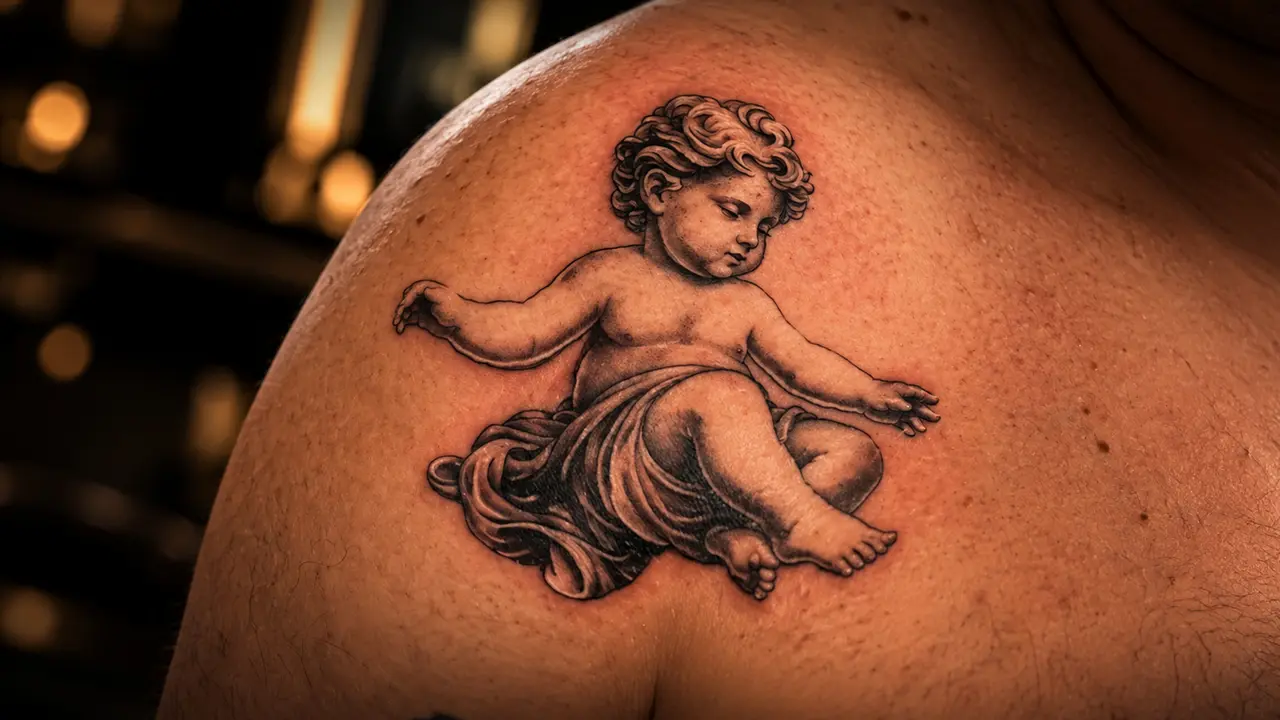 Tatuagem a cores de um pequeno anjo