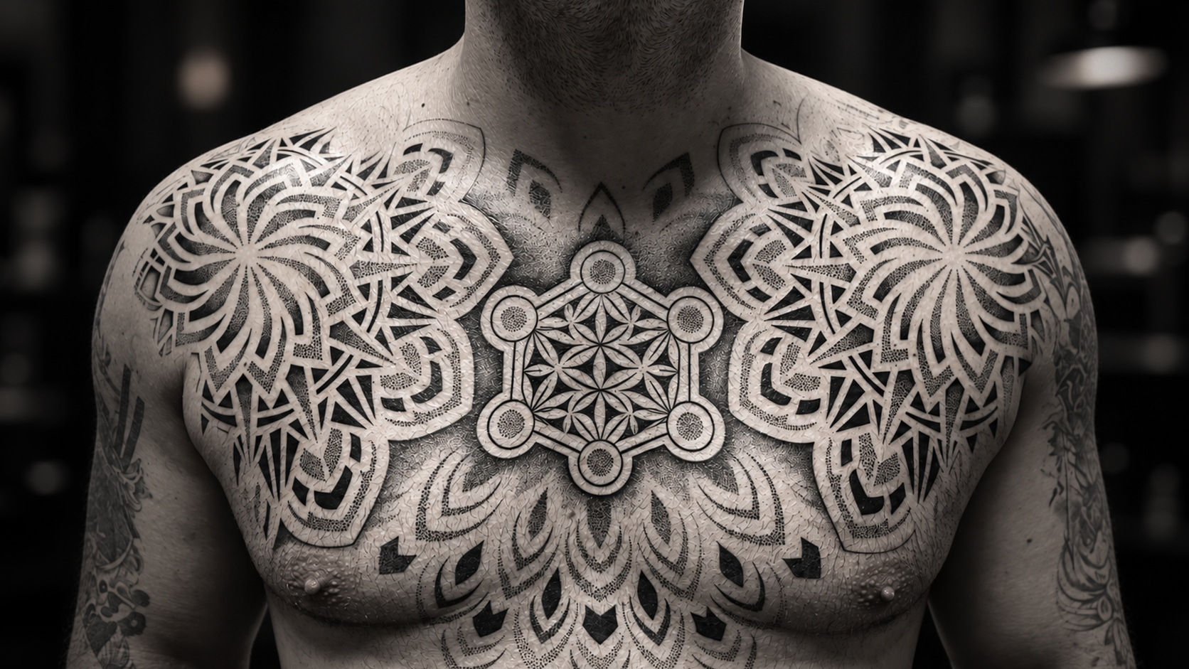Tatuagem geométrica e mandala no peito