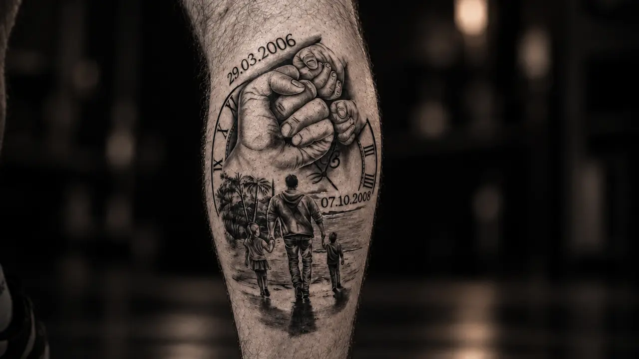 Tatuagem realista de família entre duas gerações com datas