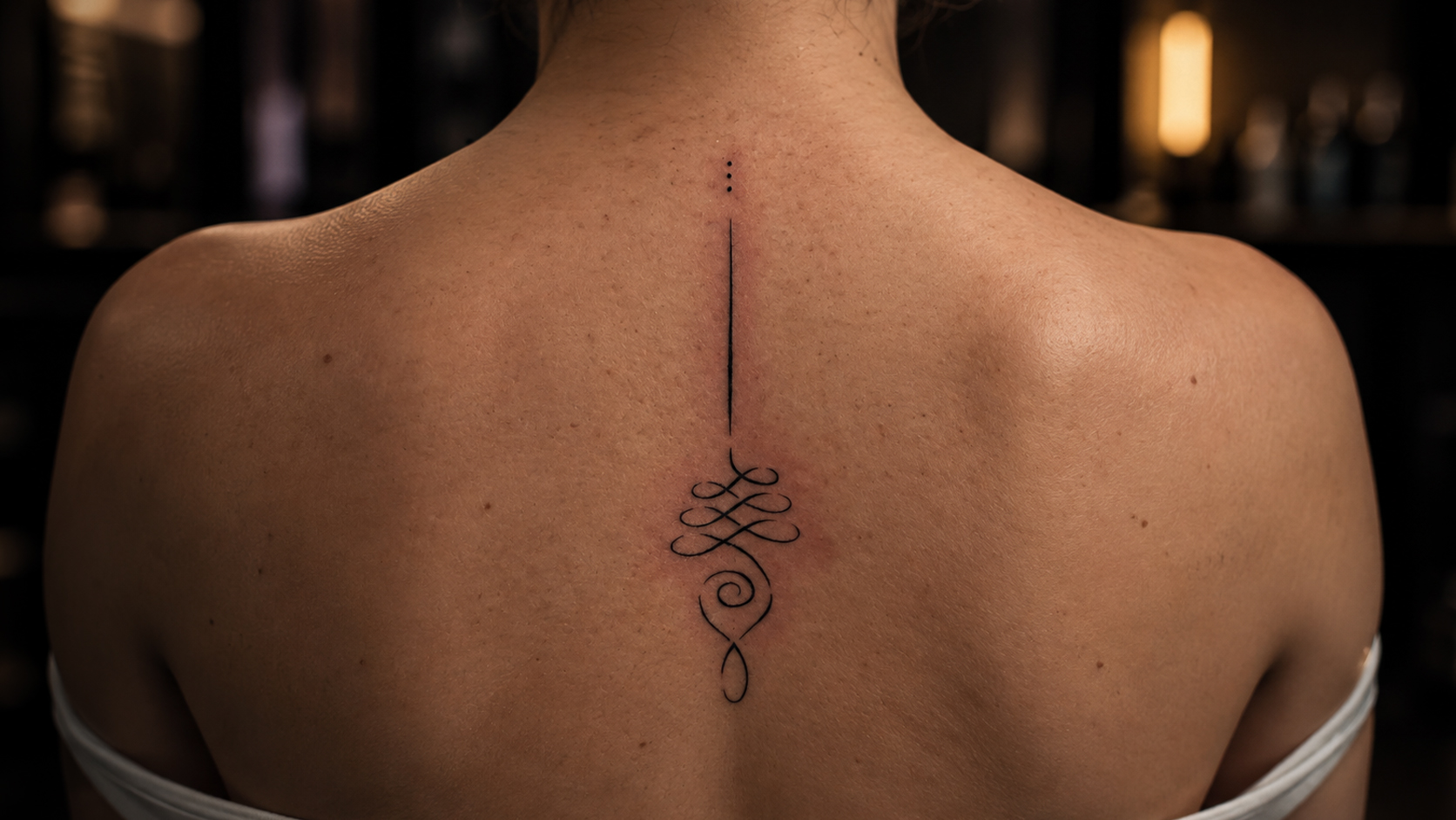 Tatuagem minimalista fine line nas costas