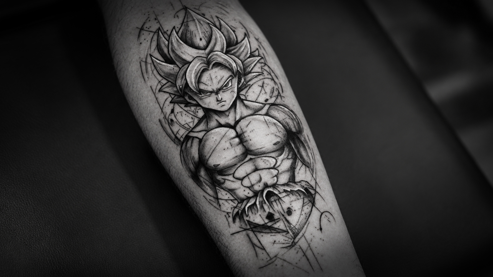 Tatuagem inspirada em Goku em black and grey