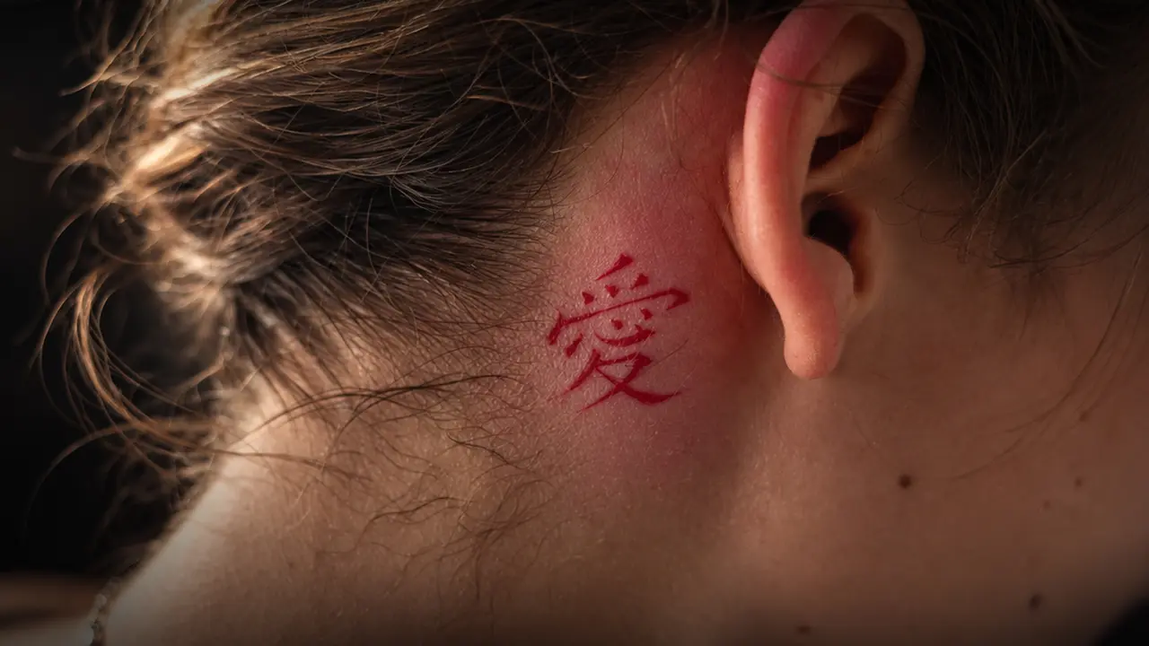 Tatuagem vermelha do símbolo japonês de amor junto ao pescoço