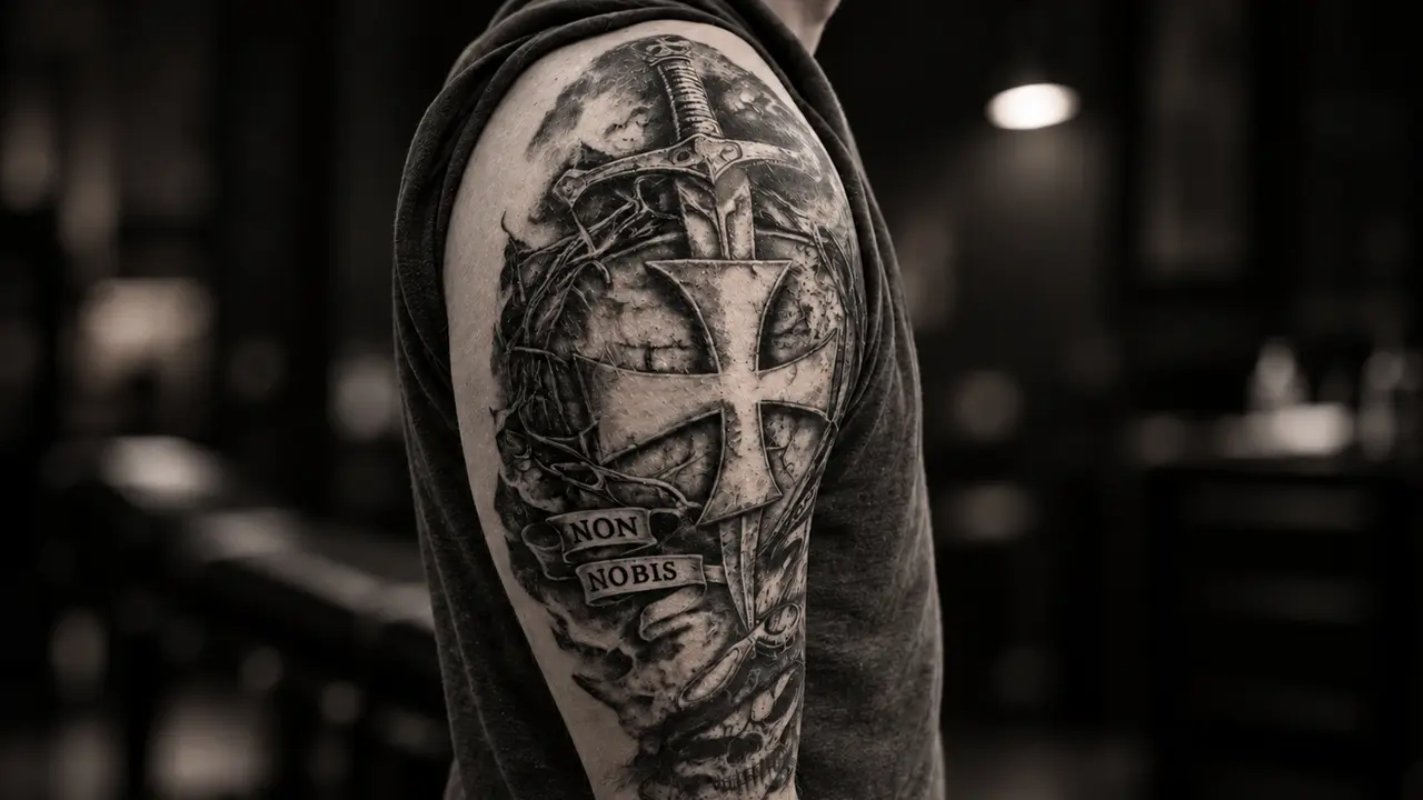 Tatuagem black and grey Non Nobis no braço