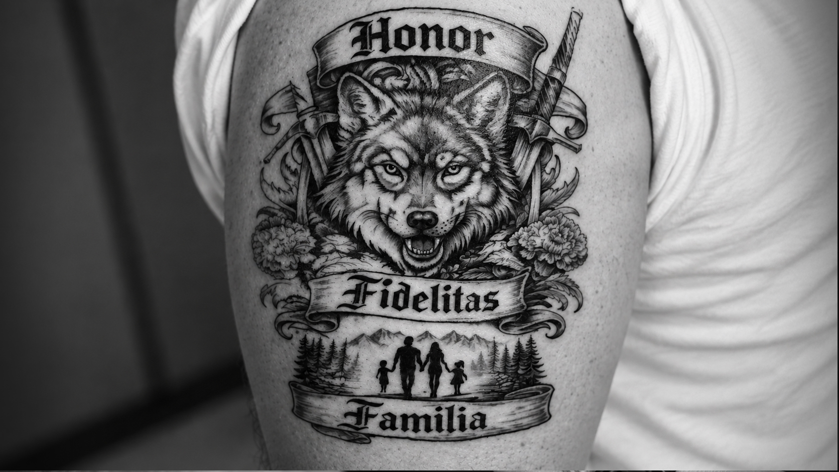 Tatuagem de lobo com as palavras Honor, Fidelitas e Familia