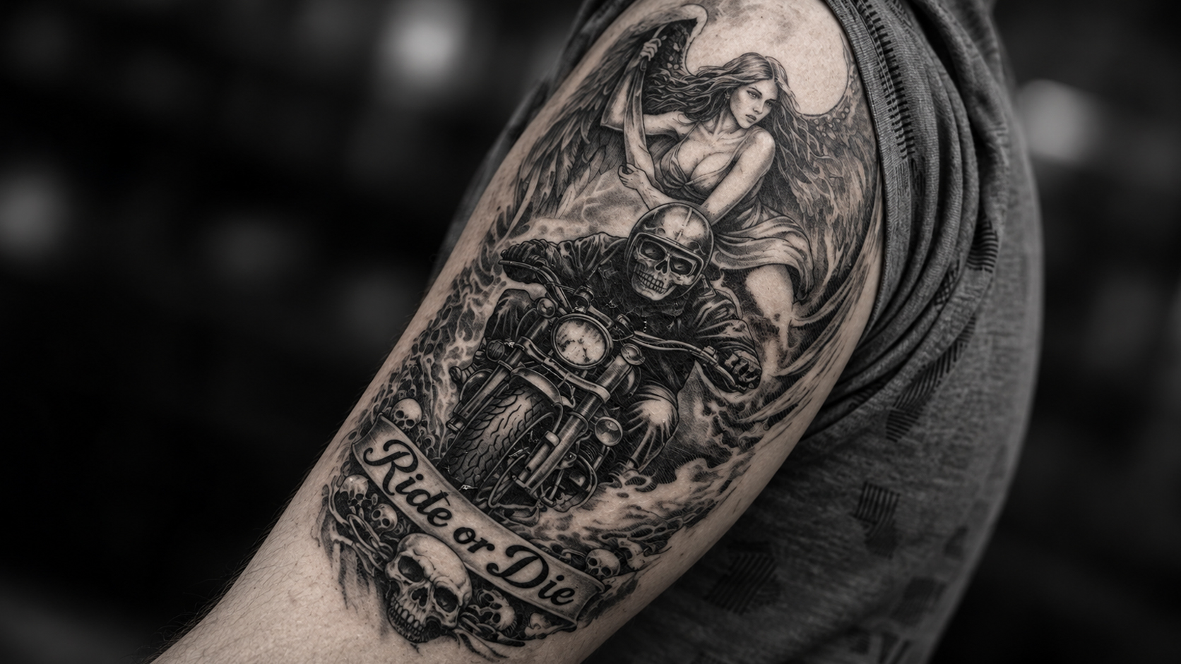 Tatuagem motard Ride or Die em black and grey