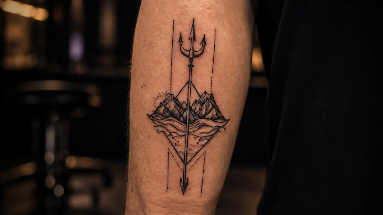 Tatuagem fine line geométrica de tridente e montanhas